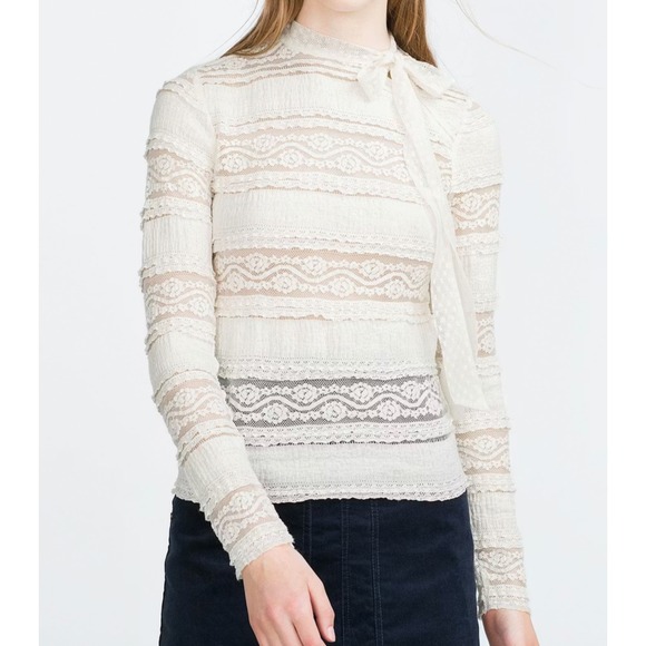 Zara Tops - ZARA TRAFALUC Ivory Lace Blouse Top TIES AT NECK Crinkle Floral Sheer Coquette M